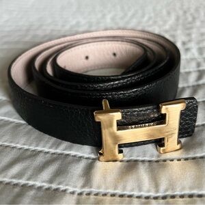 Hermes black & cream reversible thin leather belt w/gold plated mini H buckle